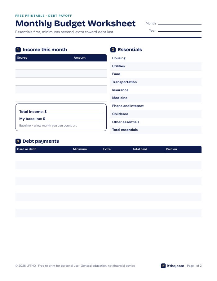Preview of the Monthly Budget Worksheet
