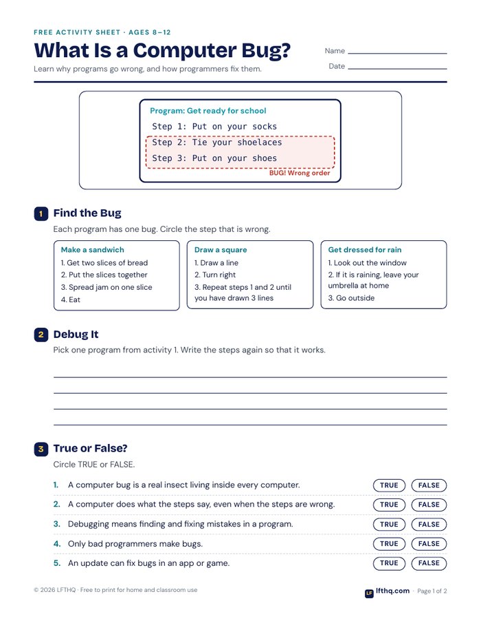 Preview of the What Is a Computer Bug? activity sheet