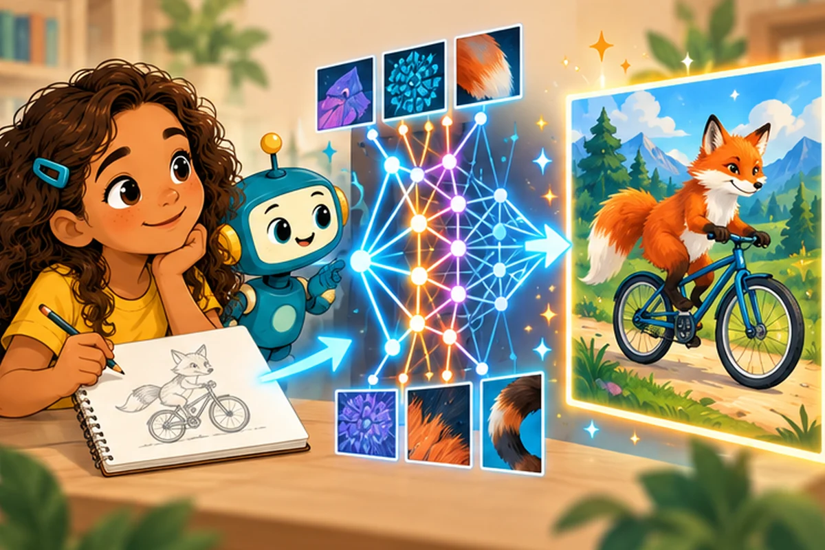 Girl and robot watch a drawing prompt become a colorful fox on a bicycle through AI image generation.