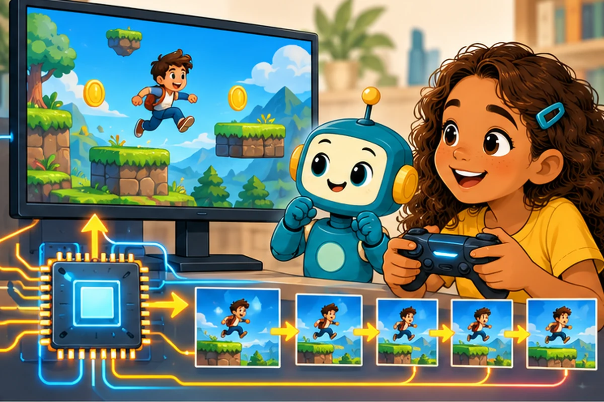 Girl and robot explore a game screen, controller, computer chip, and animated frames.