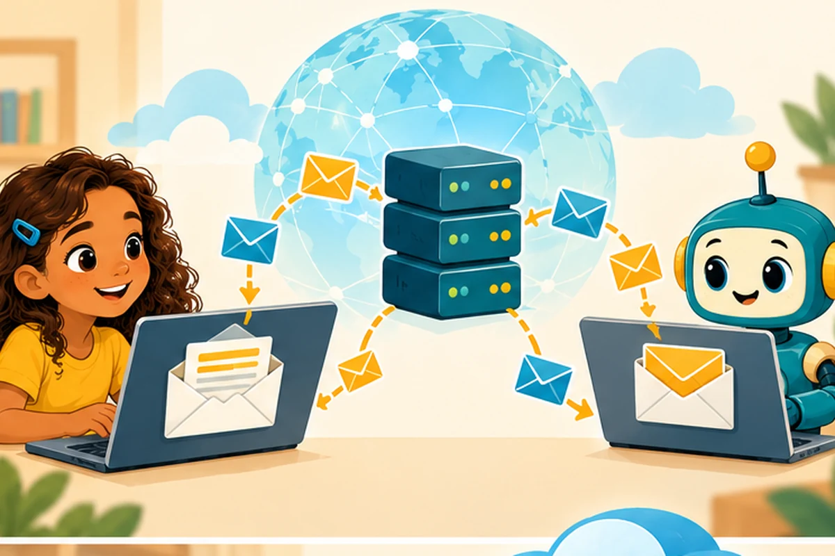 Girl and robot show envelopes traveling between two laptops through mail servers.