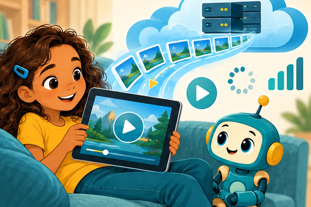 Girl watches a video on a tablet as small image frames flow from cloud servers.