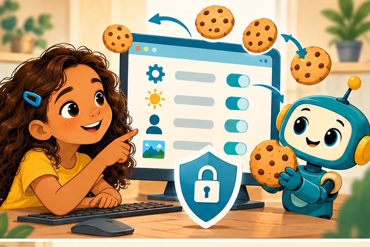 Illustration of a girl and robot beside a browser with cookies, settings switches, and a privacy shield.