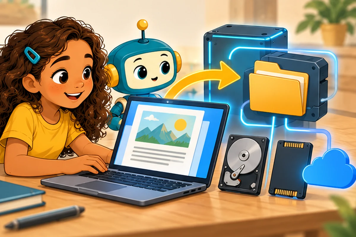 Girl and robot save a document from a laptop into organized storage drives and the cloud.