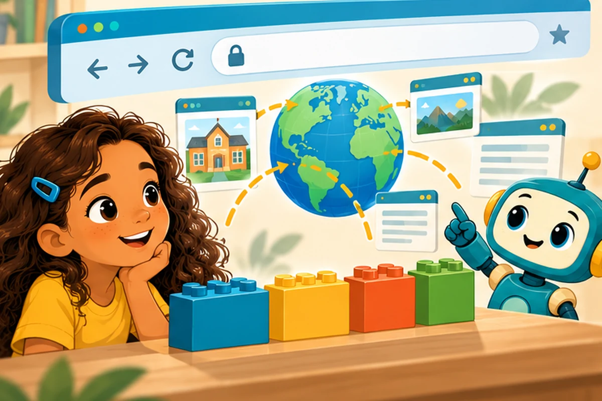 Girl and robot explore a browser address bar, globe, and linked webpages.