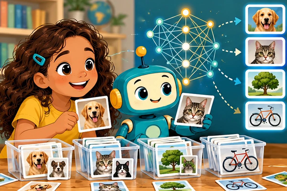 Girl and robot sort photos of pets, trees, and bicycles into training categories.