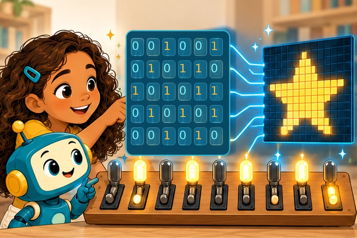 Girl and robot observe binary digits, illuminated switches, and a pixel-art star.