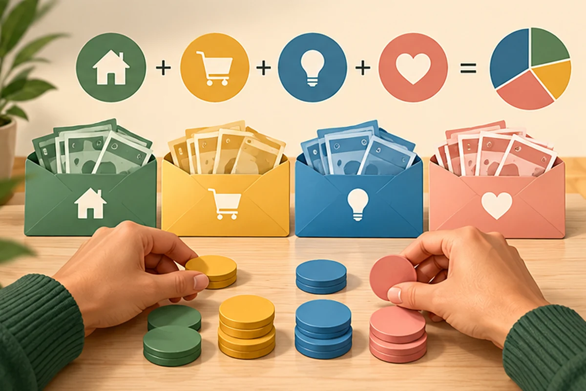Hands allocate spending and saving into colorful envelopes beneath a budget pie chart.