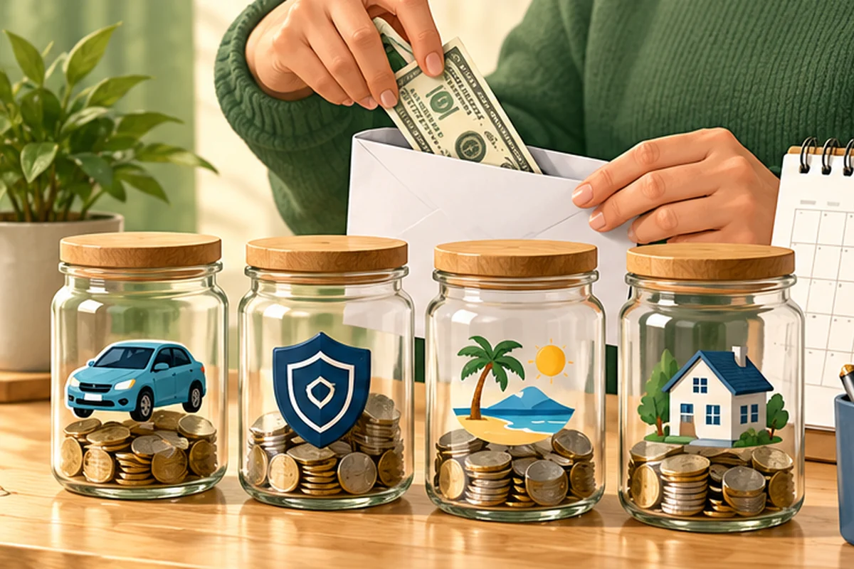 Four savings jars for car repairs, annual bills, vacation, and home goals beside a planner.