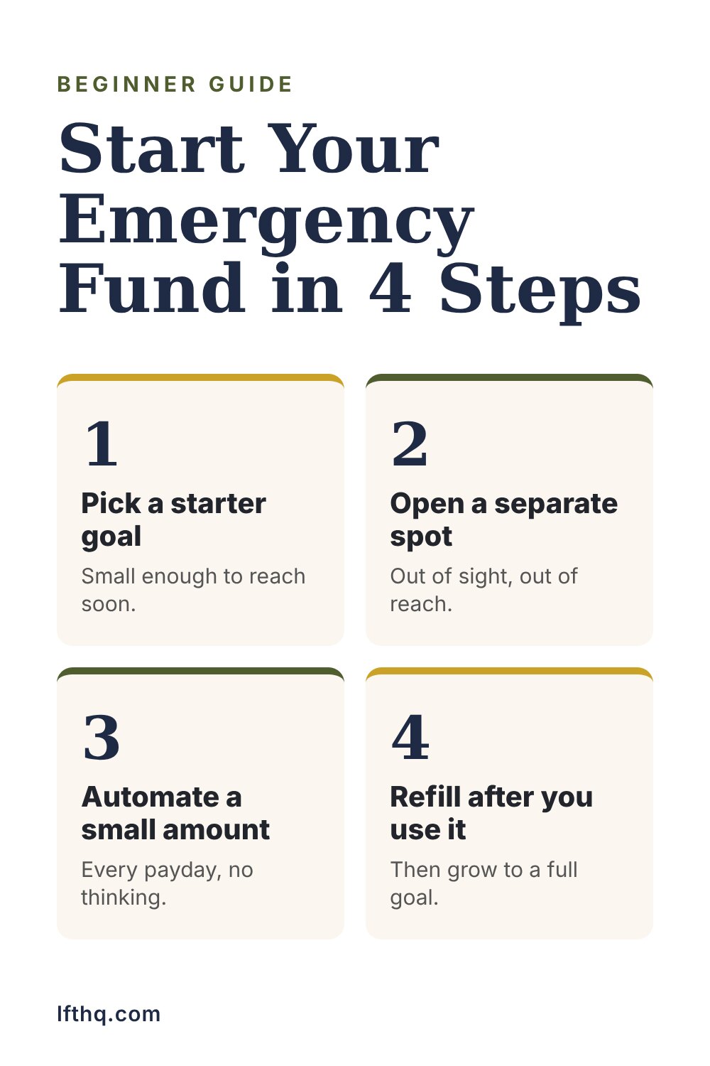 Start your emergency fund in 4 steps: pick a starter goal, open a separate spot, automate a small amount, refill it after you use it.